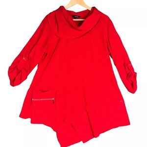 Ali Miles Blouse Red Cowl Neck Rolled Tab Asymmetric Hem Lagenlook Tunic Medium